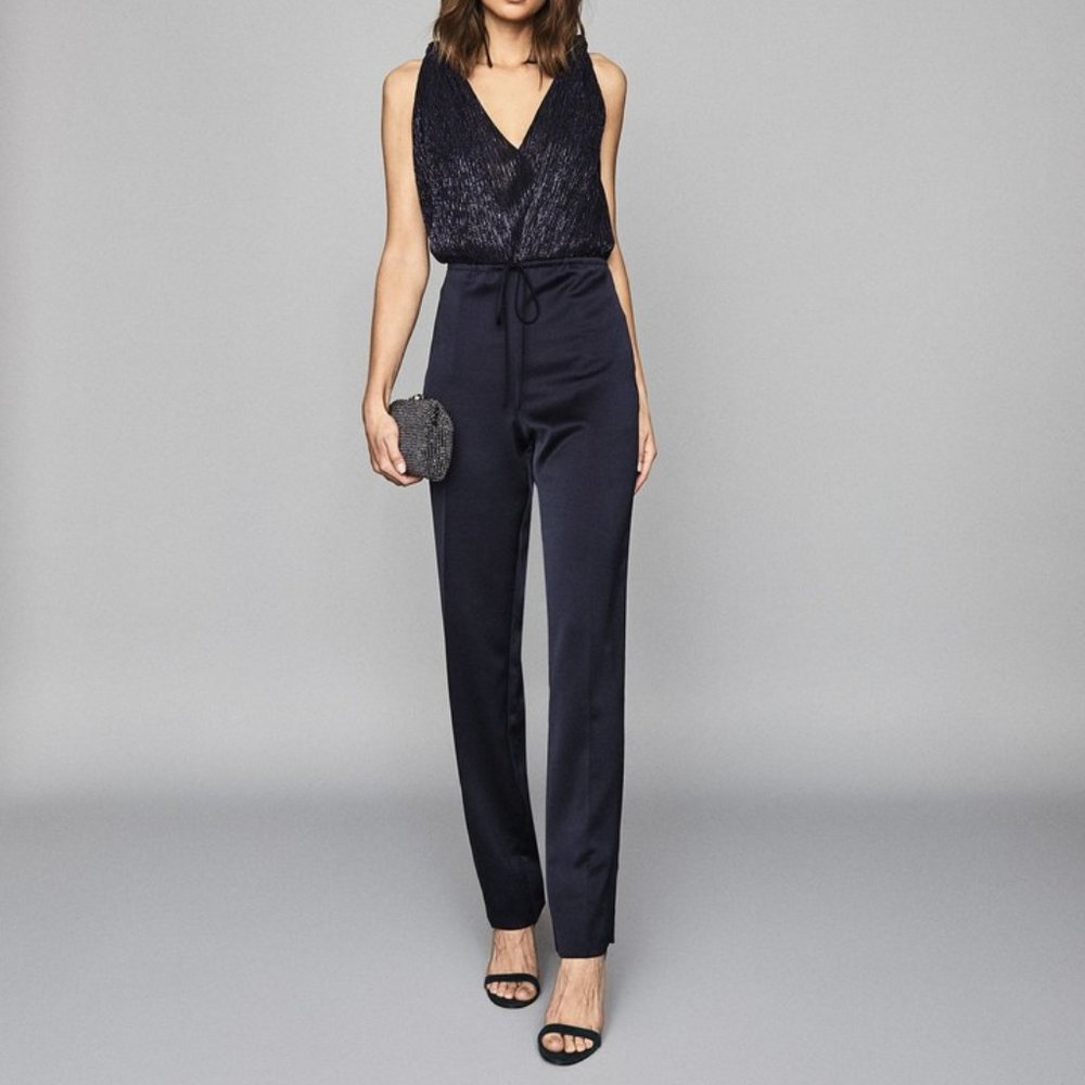 NWT Reiss Metallic Navy V-Neck Jumpsuit, Size 0